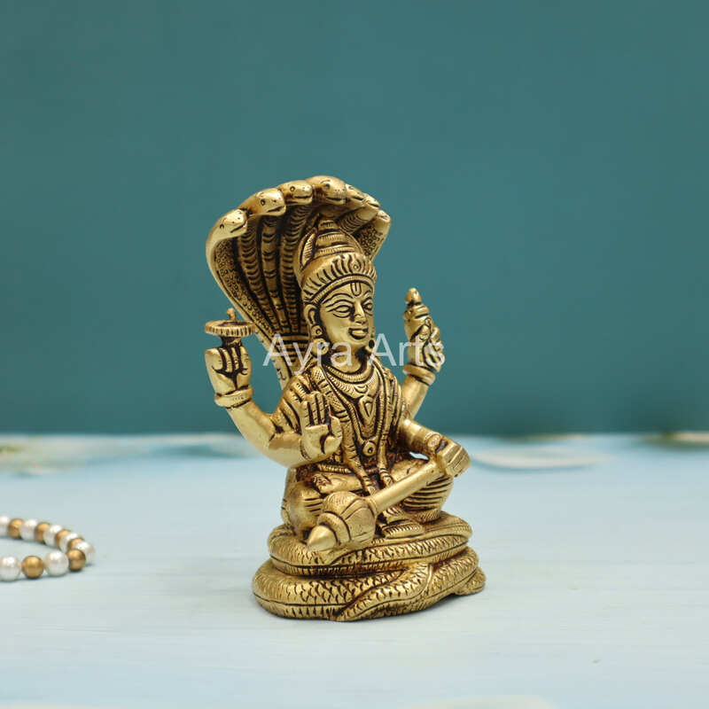Brass Vishnu Narayana Murti Sitting On Sheshnag - 5 Inch Height