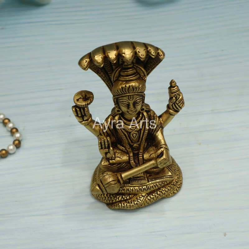 Brass Vishnu Narayana Murti Sitting On Sheshnag - 5 Inch Height