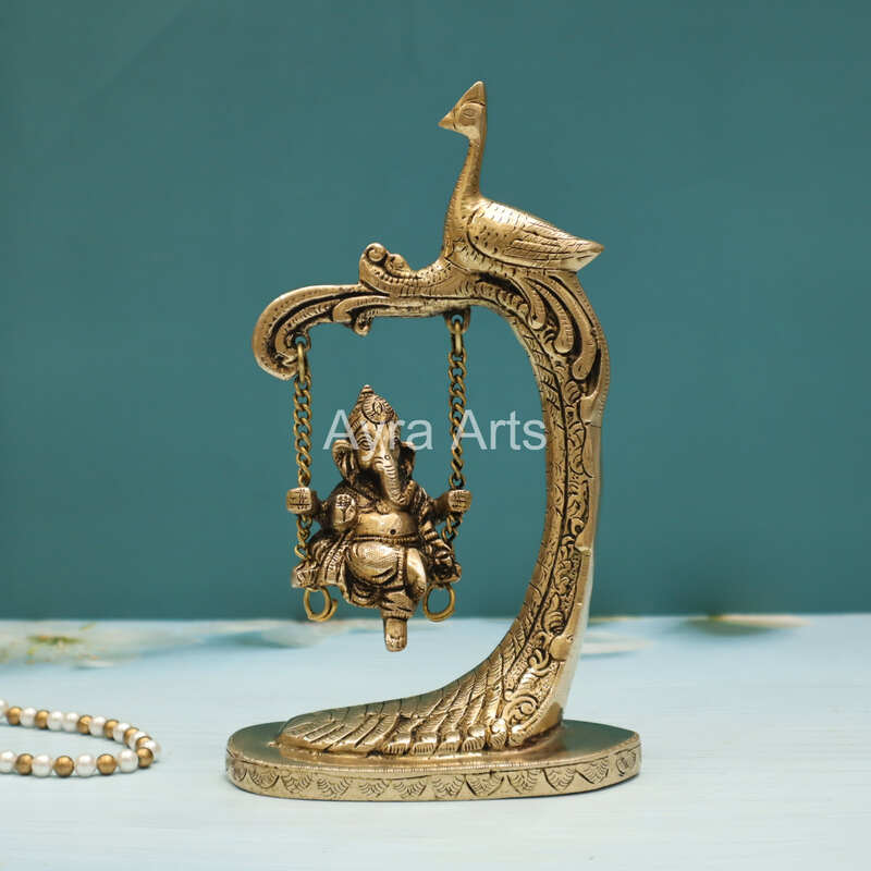 Brass Ganesha Jhula with Peacock Ganapati Statue on Swing - 9.5 Inch Height