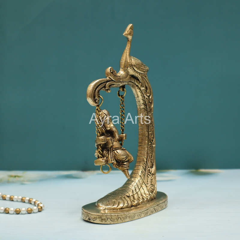 Brass Ganesha Jhula with Peacock Ganapati Statue on Swing - 9.5 Inch Height