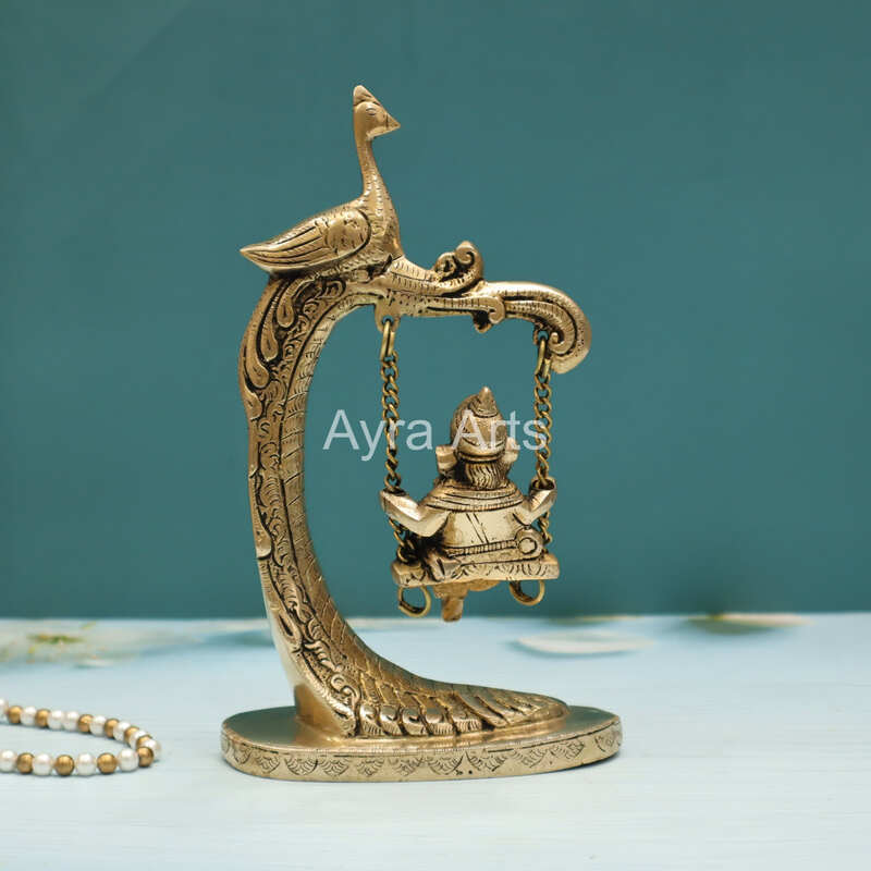 Brass Ganesha Jhula with Peacock Ganapati Statue on Swing - 9.5 Inch Height