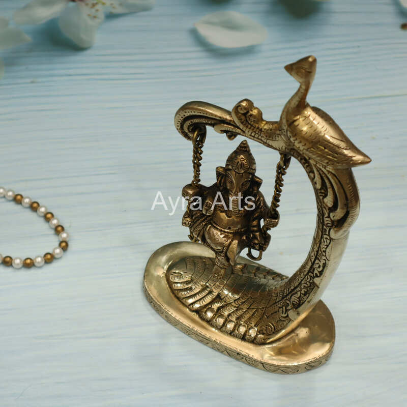 Brass Ganesha Jhula with Peacock Ganapati Statue on Swing - 9.5 Inch Height