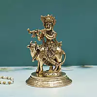Brass Shri Krishna Idol with Cow Kishan Bhagwan Murti - 8 Inch Height