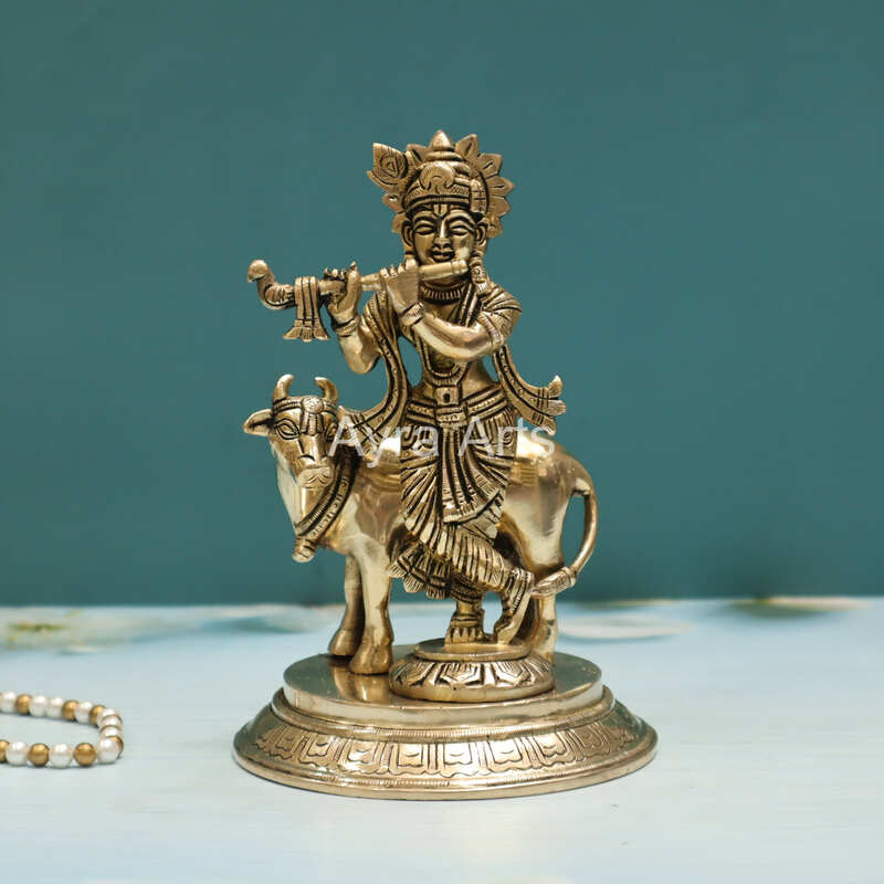Brass Shri Krishna Idol with Cow Kishan Bhagwan Murti - 8 Inch Height