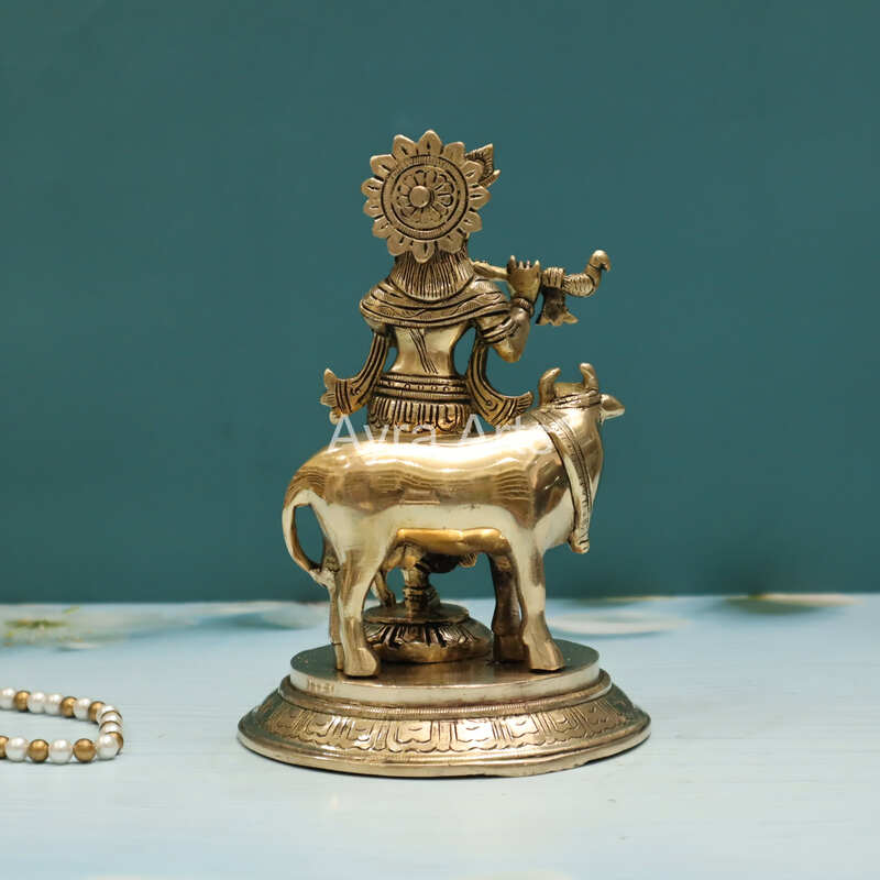 Brass Shri Krishna Idol with Cow Kishan Bhagwan Murti - 8 Inch Height