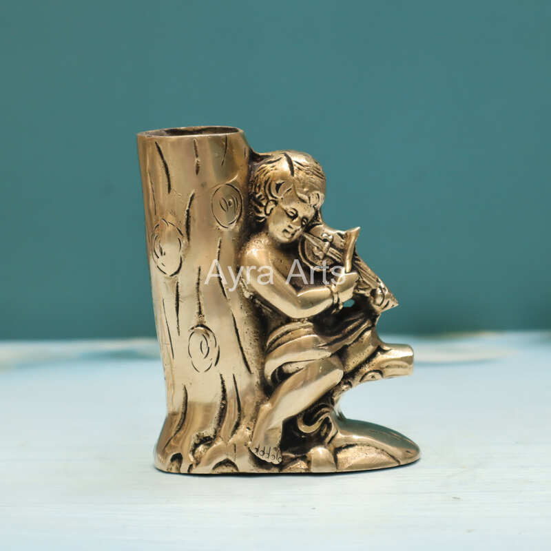 Brass Baby Angel Girl Playing Violin on Tree Design Pen Stand flower Holder - 4.5 Inch Height