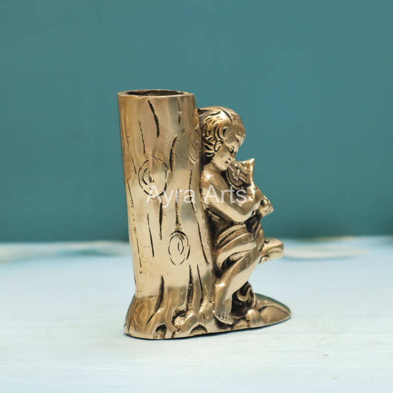 Brass Baby Angel Girl Playing Violin on Tree Design Pen Stand flower Holder - 4.5 Inch Height