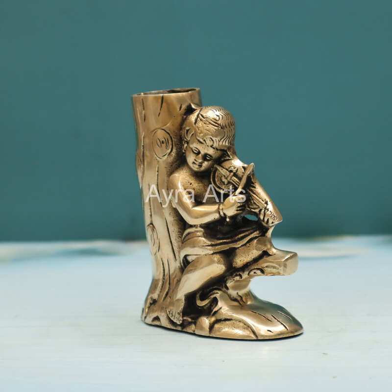 Brass Baby Angel Girl Playing Violin on Tree Design Pen Stand flower Holder - 4.5 Inch Height