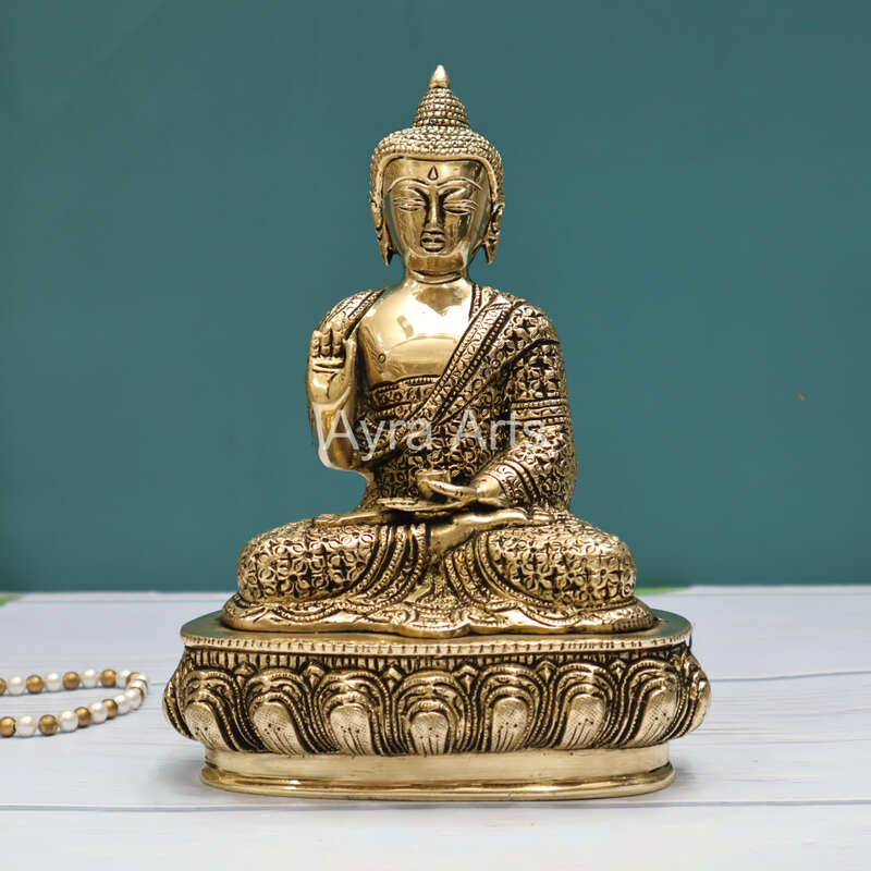 Unique Design Pure Brass Blessing Buddha Statue - 9.5 Inch Height