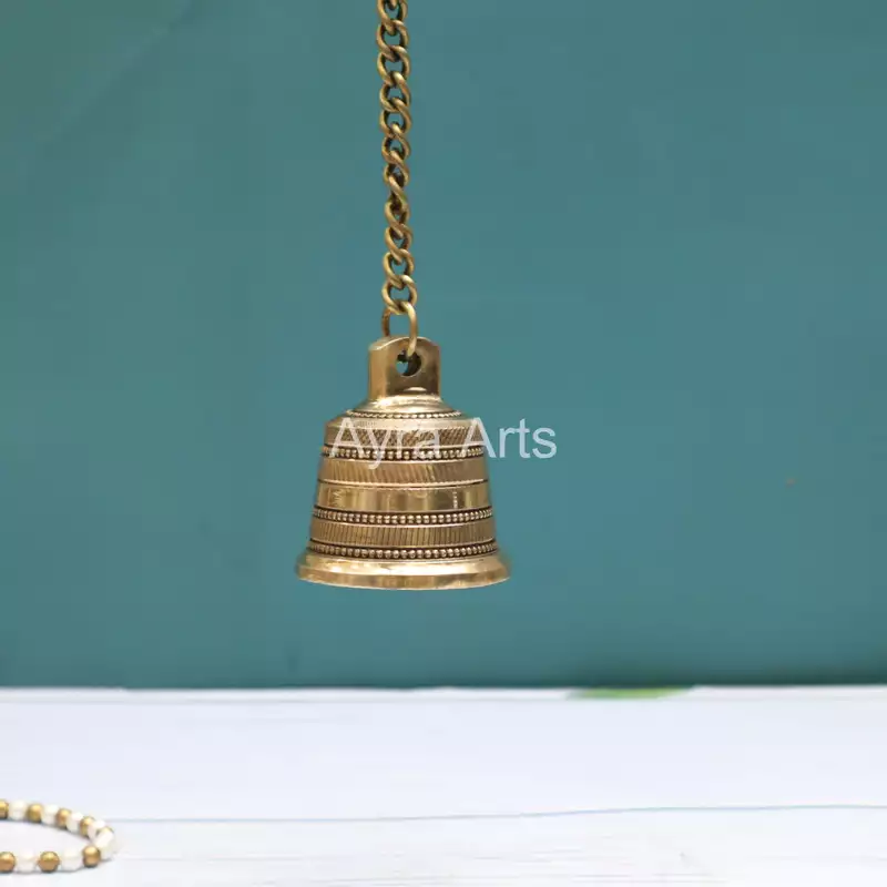 Brass Engraved Wall Hanging bell With Chain - 3 Inch Height