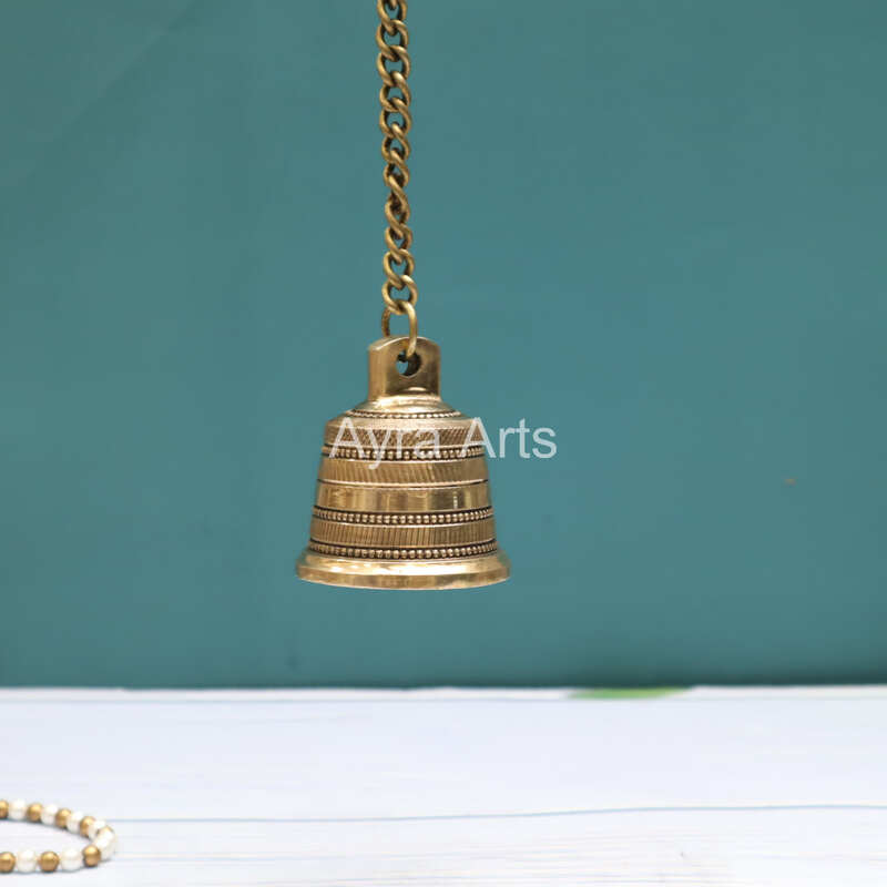 Brass Engraved Wall Hanging bell With Chain - 3 Inch Height