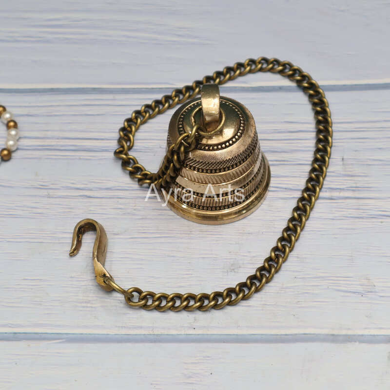 Brass Engraved Wall Hanging bell With Chain - 3 Inch Height