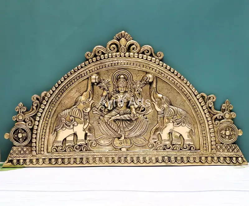 Handcrafted Indian Home Entrance Decor Brass Goddess Gajalakshmi Wall Hanging Panel - 12 Inch Height