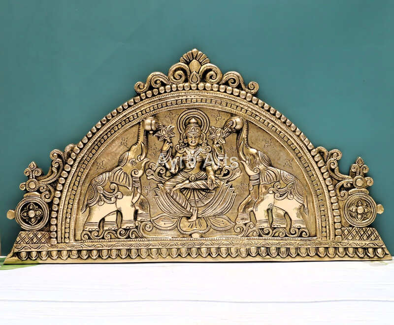 Handcrafted Indian Home Entrance Decor Brass Goddess Gajalakshmi Wall Hanging Panel - 12 Inch Height