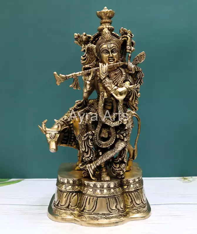 Handcrafted Lord Krishna With Cow Statue in Divine Brass - 17 Inch Height