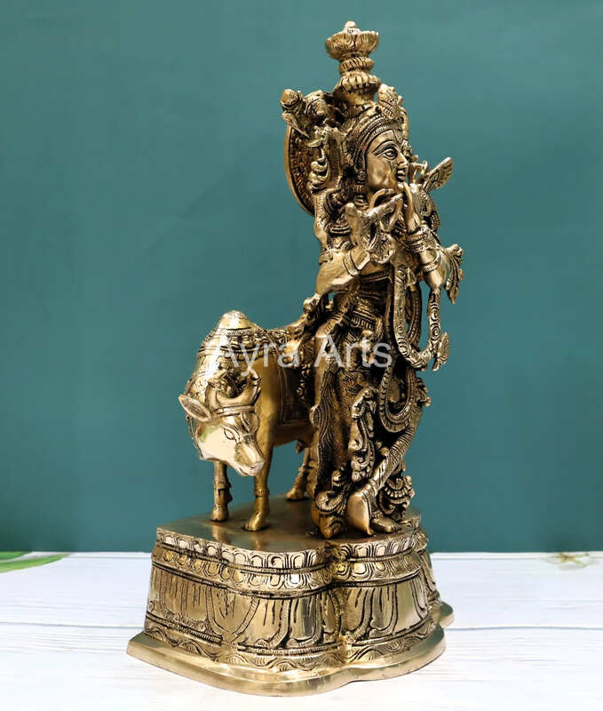 Handcrafted Lord Krishna With Cow Statue in Divine Brass - 17 Inch Height