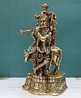 Handcrafted Lord Krishna With Cow Statue in Divine Brass - 17 Inch Height