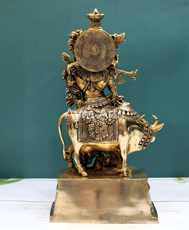 Handcrafted Lord Krishna With Cow Statue in Divine Brass - 17 Inch Height