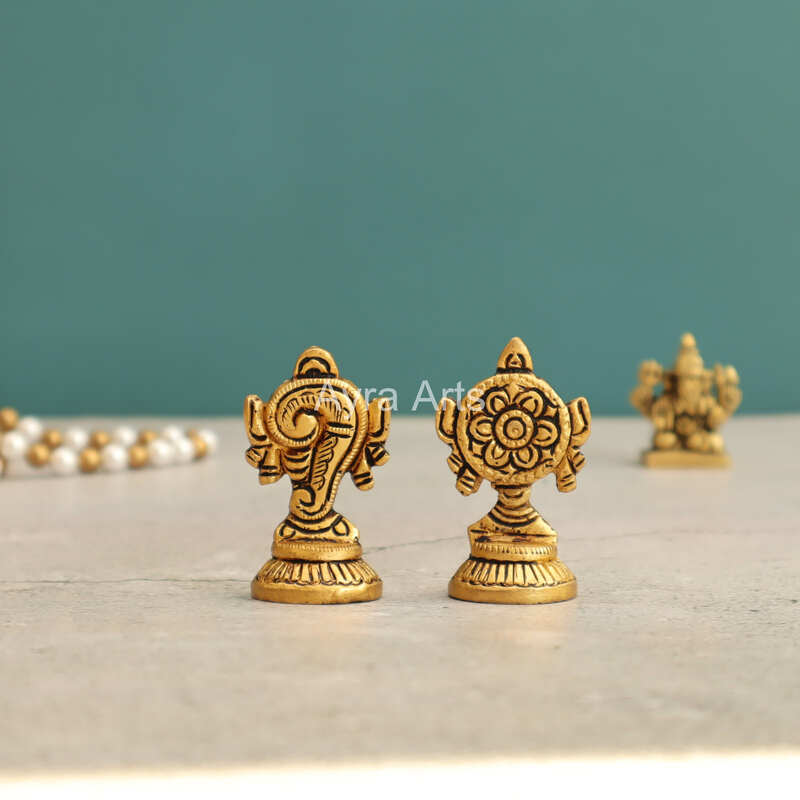 Brass Shankh Chakra Decor Set - 2.2 Inch Height