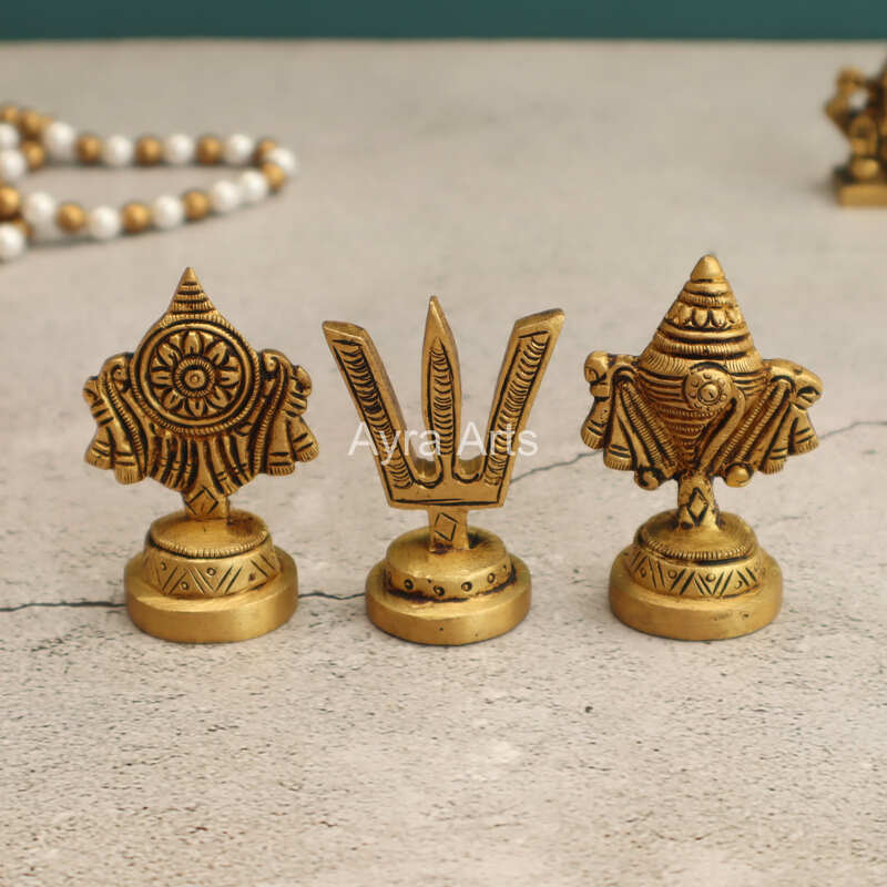 Brass Shankh Chakra Namah Decor Set - 2.5 Inch Height