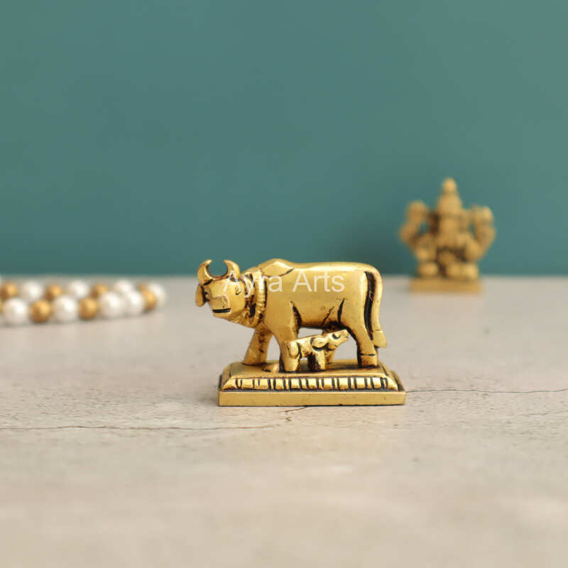 Small Holy Kamdhenu Cow and Calf Brass Statue - 1.5 Inch Height