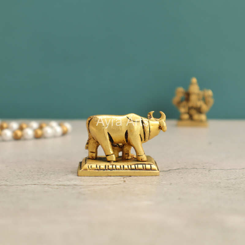 Small Holy Kamdhenu Cow and Calf Brass Statue - 1.5 Inch Height
