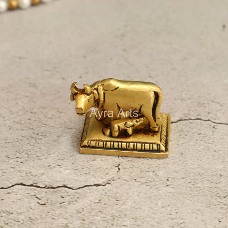 Small Holy Kamdhenu Cow and Calf Brass Statue - 1.5 Inch Height