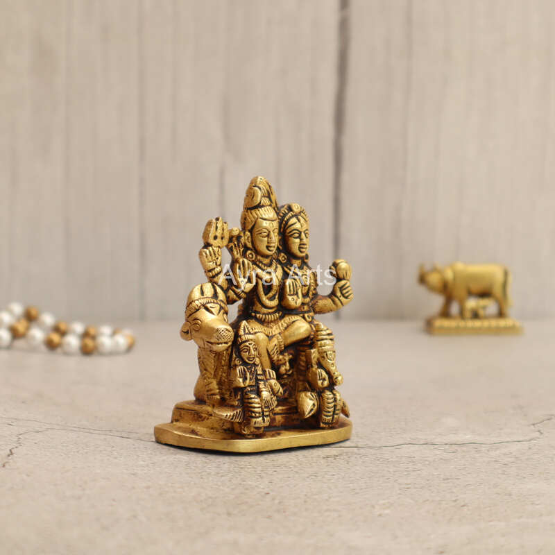 Lord Shiv Parivar Idol Shiv Parwati God Shiva Family Handicrafted in Brass - 3.2 Inch Height