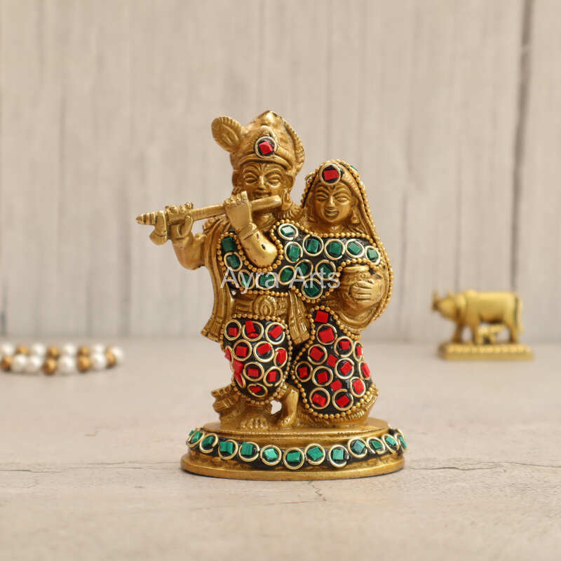 Multicolour Brass Radha Krishna Statue In Stonework - 4.5 Inch Height