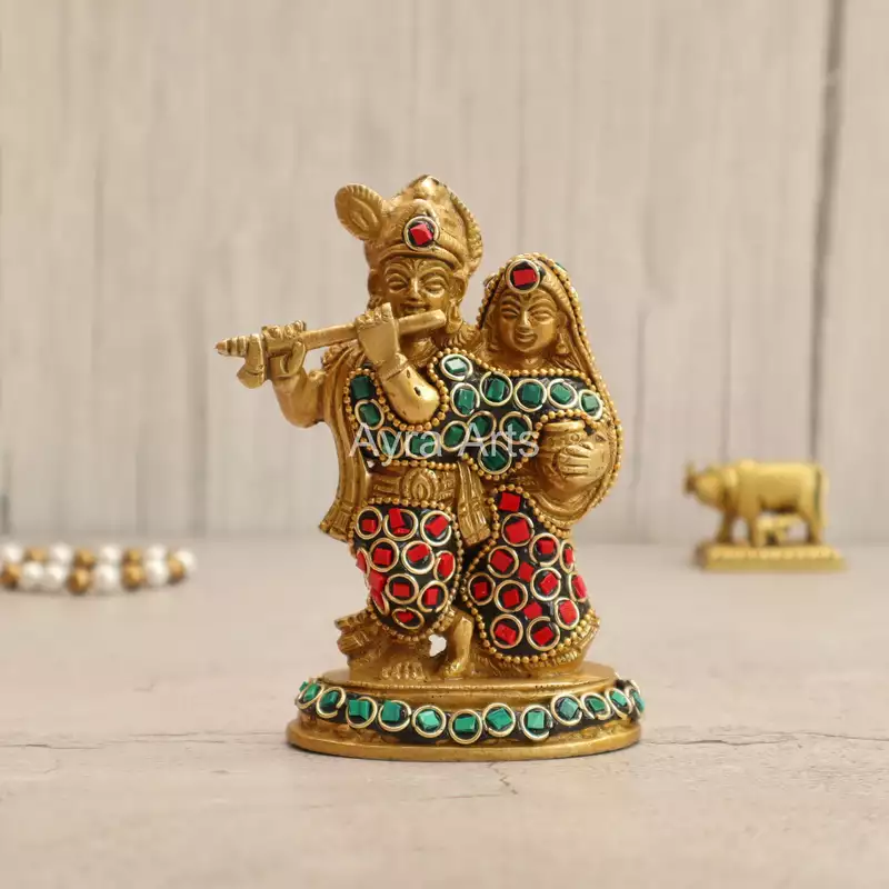 Multicolour Brass Radha Krishna Statue In Stonework - 4.5 Inch Height