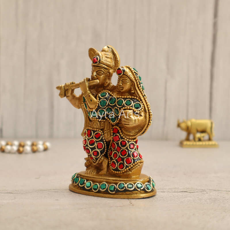 Multicolour Brass Radha Krishna Statue In Stonework - 4.5 Inch Height