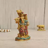 Multicolour Brass Radha Krishna Statue In Stonework - 4.5 Inch Height