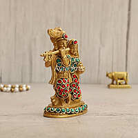 Multicolour Brass Radha Krishna Statue In Stonework - 4.5 Inch Height