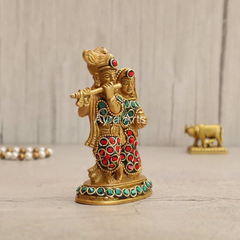 Multicolour Brass Radha Krishna Statue In Stonework - 4.5 Inch Height
