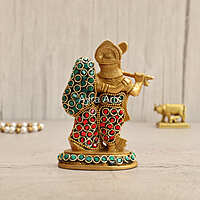 Multicolour Brass Radha Krishna Statue In Stonework - 4.5 Inch Height