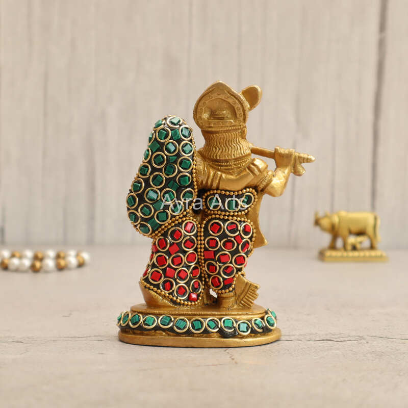 Multicolour Brass Radha Krishna Statue In Stonework - 4.5 Inch Height