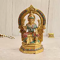 Brass Goddess Lakshmi Seated on Singhasan with Arch in Stonework - 9.5 Inch Height