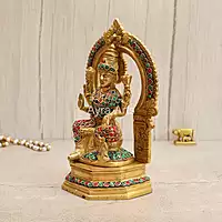 Brass Goddess Lakshmi Seated on Singhasan with Arch in Stonework - 9.5 Inch Height