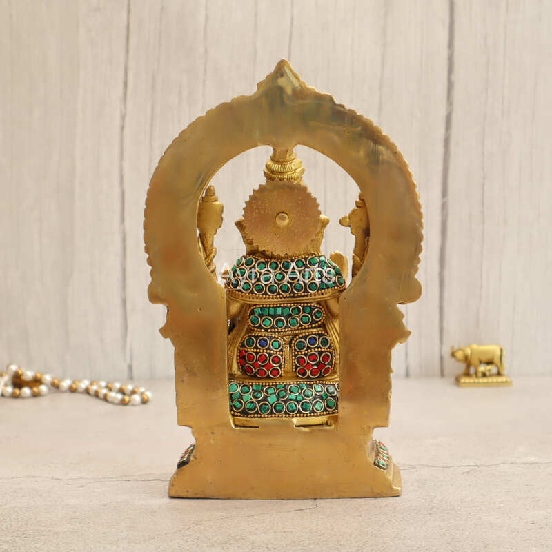 Brass Lord Ganesha Seated on Singhasan with Arch in Stonework - 9.5 Inch Height