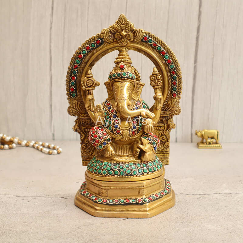 Brass Lord Ganesha Seated on Singhasan with Arch in Stonework - 9.5 Inch Height