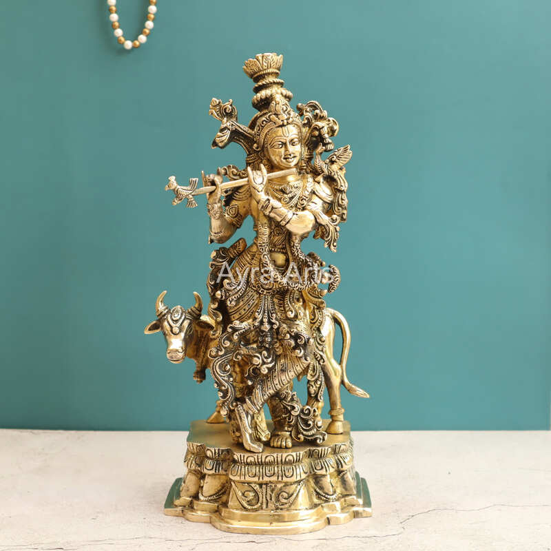 Pure Brass Standing Lord Krishna with Cow Statue - 15 Inch Height