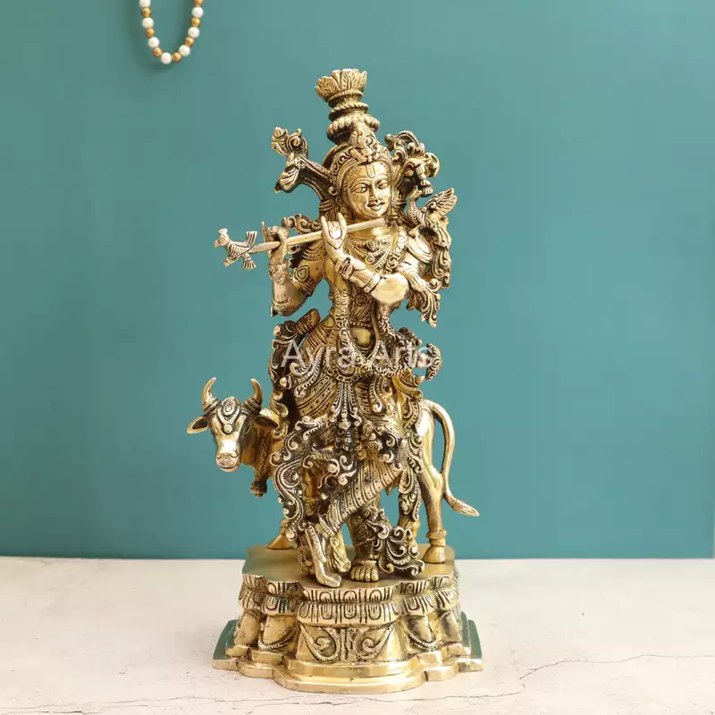 Pure Brass Standing Lord Krishna with Cow Statue - 15 Inch Height