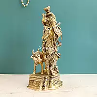 Pure Brass Standing Lord Krishna with Cow Statue - 15 Inch Height