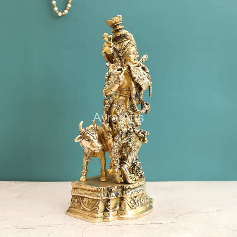 Pure Brass Standing Lord Krishna with Cow Statue - 15 Inch Height