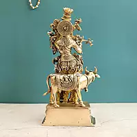 Pure Brass Standing Lord Krishna with Cow Statue - 15 Inch Height