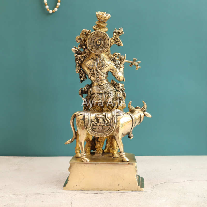 Pure Brass Standing Lord Krishna with Cow Statue - 15 Inch Height