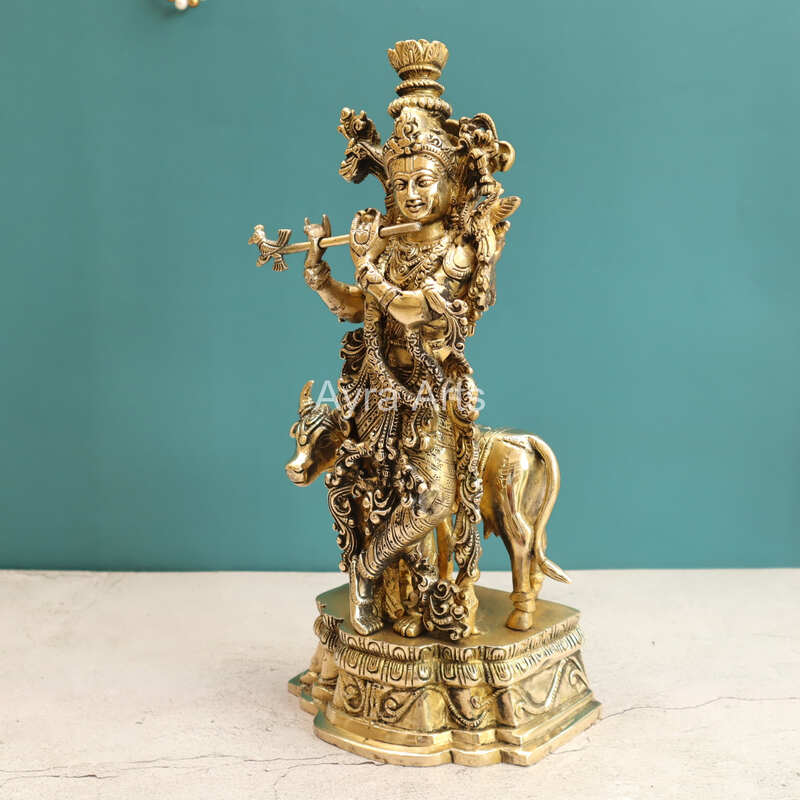 Pure Brass Standing Lord Krishna with Cow Statue - 15 Inch Height