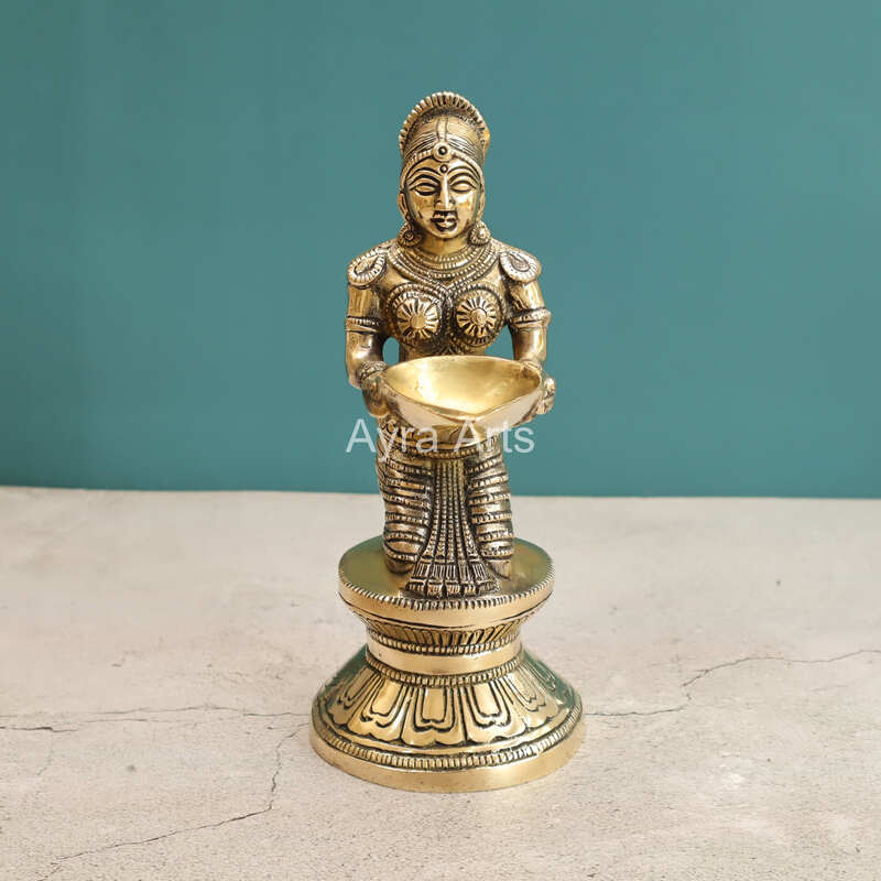 Hand Carved Brass Deep Lakshmi Paavai Vilakku Statue Holding in Deep - 9.5 Inch Height