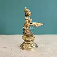Hand Carved Brass Deep Lakshmi Paavai Vilakku Statue Holding in Deep - 9.5 Inch Height
