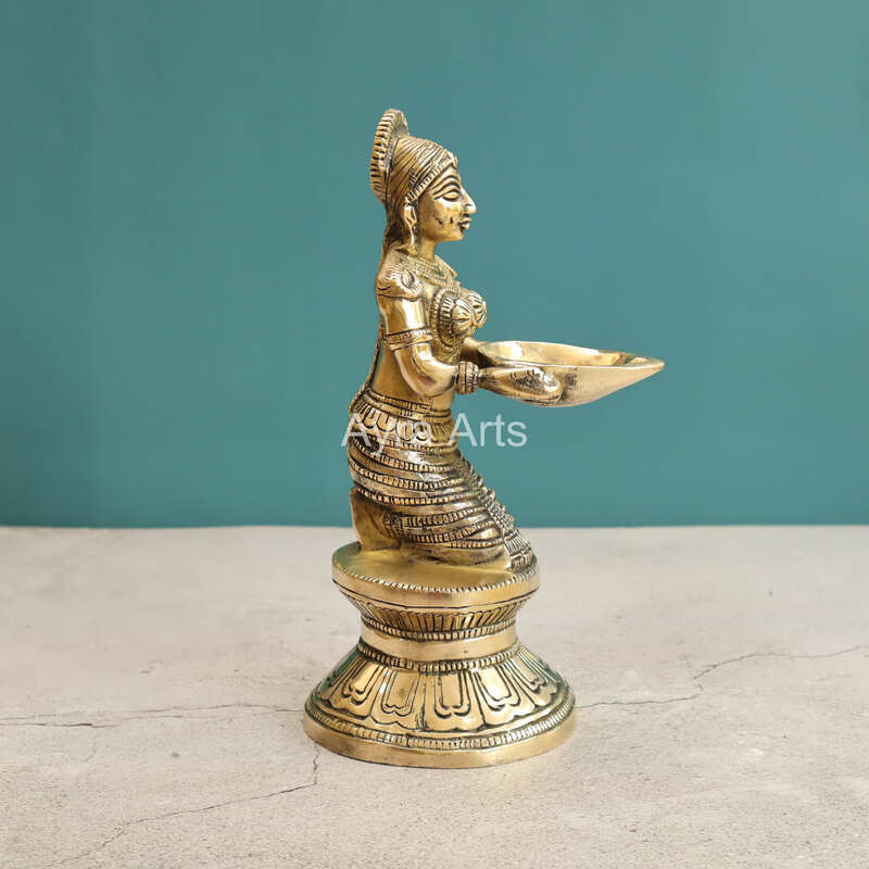 Hand Carved Brass Deep Lakshmi Paavai Vilakku Statue Holding in Deep - 9.5 Inch Height
